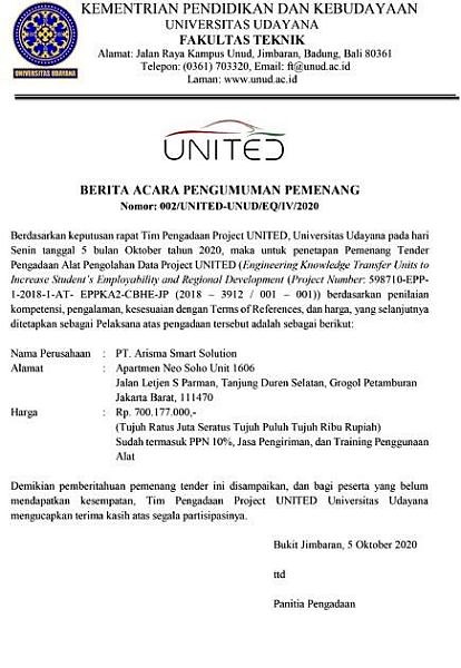 Pemenang Tender Pengadaan Alat Pengolahan Data Proyek UNITED Diumumkan 3